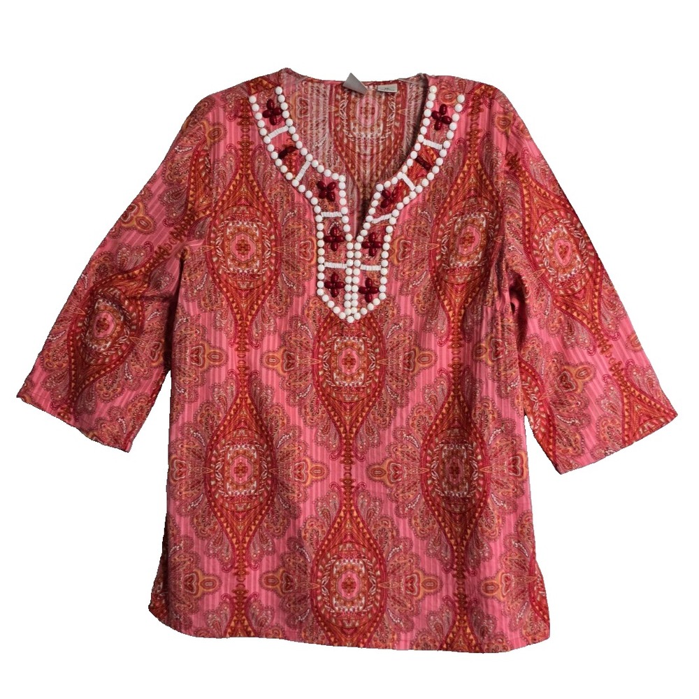 Emma James Womens Top XL Pink Bead accents Boho Cottagecore Paisley 3/4 sleeves